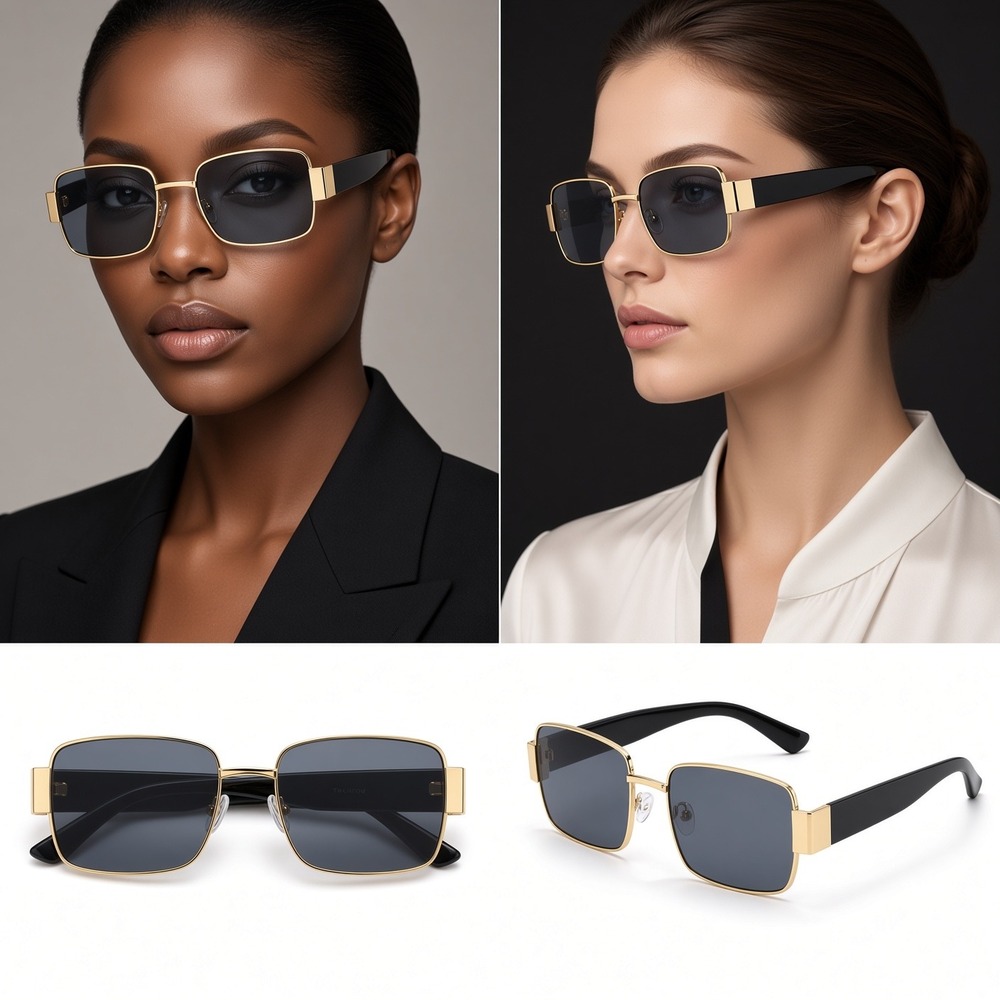Sunglasses Women Gold Black Women Square Metal Frame UV400 Luxury Retro Shades